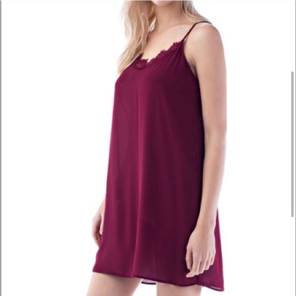 Burgundy Red Eyelash Lace Slip Mini Dress - Picture 3 of 4